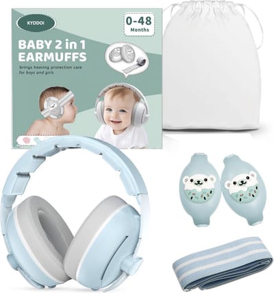 KYDDOI 2-in-1 Baby Gehoorbescherming - baby Gehoorbeschermers - Gehoorbeschermer kinderen - Geschikt voor Baby en Peuter vanaf 3 maanden - Oorbeschermers kinderen - Oorkappen baby - 25dB NNR - Blauw