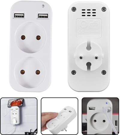 Dubbele Stekker Voor Stopcontact - Europese Plug Adapter met 2 USB-poorten – 110-250V – Reisstekker – Compact – Universeel – Wit