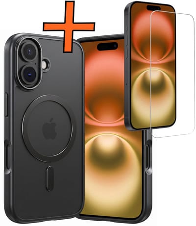 Hoes - Met Screenprotector - Geschikt voor Apple iPhone 16 - Magsafe Compatible - Sterk & Shockproof - Back Cover - Shock Proof Case - Telefoon Hoes - Zwart