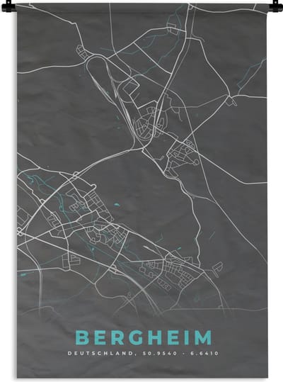 Wandkleed - Wanddoek - Duitsland – Blauw – Bergheim – Stadskaart – Kaart – Plattegrond - 120x180 cm - Wandtapijt