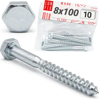 LUN FIX - Houtschroeven 8 X 100 mm - 10 stuks - DIN571 - Zeskantkop - Verzinkt staal - Houtbouwschroeven