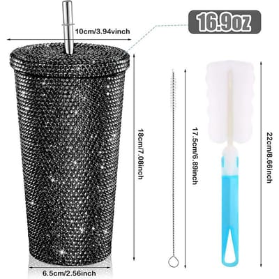 500ml Diamant Thermosflessen Beker met Rietje en Deksel Strass Roestvrij Staal Dubbellaagse Thermosbekers Glitters Beker Waterfles 500ml