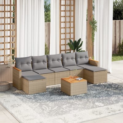 vidaXL - 8-delige - Loungeset - met - kussens - poly - rattan - gemengd - beige