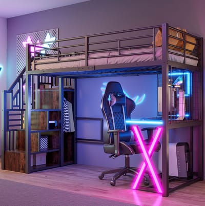 MEUNIQ hoogslaper 90x200 cm met LED-verlichting, bureau, opbergleider, kledingkast en planken voor de kinderkamer, zwart