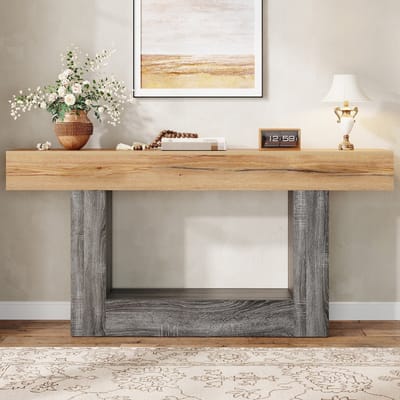 FloraGrace Consoletafel - Tweekleurig Houtlook Design Met Opbergvak - Voor Hal En Woonkamer - Spaanplaat - 160x30x82,5 Cm - Naturel