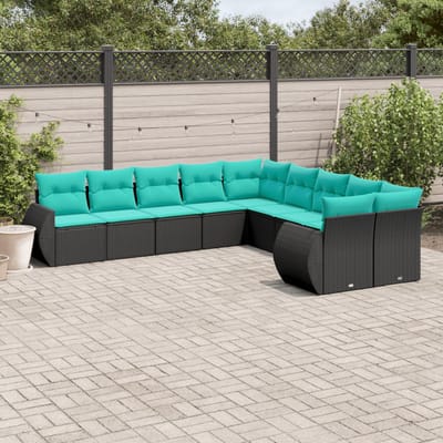 vidaXL - 10-delige - tuinbankset - met - kussens - van - zwart - polyrotan