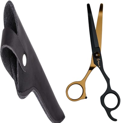 Professionele Hondenschaar – Down Gebogen Ergonomische Trimschaar – Goud/Zwart – Voor Vacht- & Pootverzorging van Langharige Honden – Inclusief Luxe Lederen Etui – 16,5 cm – Zwart
