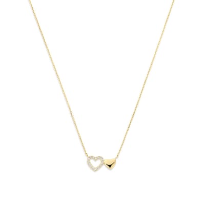 New Bling - 9NBG-0958 - 14K geelgouden ketting – 2 harten – met zirkonia