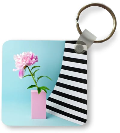 Sleutelhanger - Uitdeelcadeautjes - Roze pioenroos met een blauwe achtergrond - Plastic
