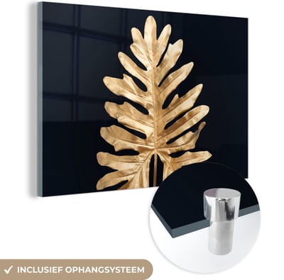 MuchoWow® Glasschilderij 150x100 cm - Schilderij acrylglas - Bladeren - Herfst - Goud - Zwart - Natuur - Luxe - Foto op glas - Schilderijen