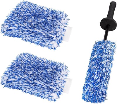 Set van 3 autowashandschoenen versus microvezel velgenborstel - Lichtmetalen velgen autowashandschoenen van hoge kwaliteit - Reiniging auto - Verwijder hardnekkig vuil moeiteloos - Blauw