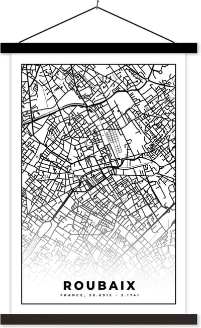 Posterhanger incl. Poster 40x60 cm - Schoolplaat - Kaart - Roubaix - Stadskaart - Frankrijk - Plattegrond - Zwart wit - Textielposter - Zwarte latten - Stadskaart