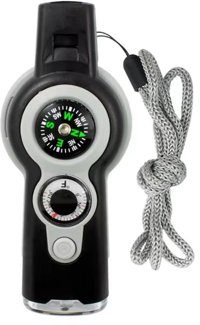 New Age Devi - 7-In-1 Noodoverlevingsfluitje - Compas Thermometer Vergrootglas Reflectorspiegel - LED Licht - Alles-in-n Noodhulpmiddel