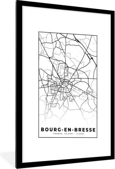 Fotolijst incl. Poster Zwart Wit- Stadskaart – Frankrijk – Kaart – Bourg-en-Bresse - Plattegrond - Zwart wit - 60x90 cm - Posterlijst