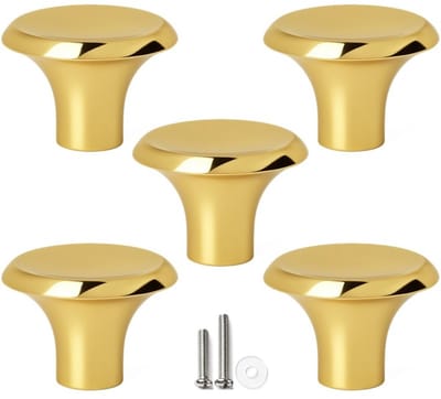 5 X MSQDESIGN Kastknop Goud (Glanzend) - Kastknoppen Goud - 5 stuks - Deurknopjes Goud voor kast- Deurknopjes Goud -kast knop Goud - Meubelknop Goud - Meubelknoppen Goud - Deurknopjes Goud - Deurknoppen Goud - Ladeknoppen voor - incl schroeven
