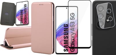 Hoesje geschikt voor Samsung Galaxy A53 - Book Case Kunstlederen Wallet Cover Minimalistisch Pasjeshouder Hoes Roségoud - Full Tempered Glass Screenprotector - Camera Lens Protector