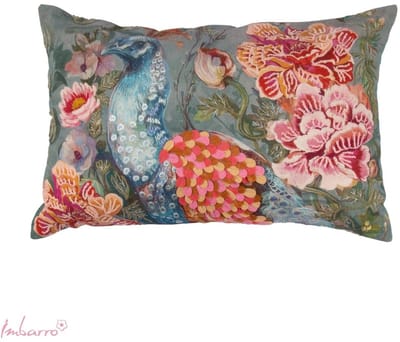 Imbarro - Sierkussen - Kussen- Plume - Pauw & Bloemen - Handmade - 100% Katoen – 40 x 60 cm