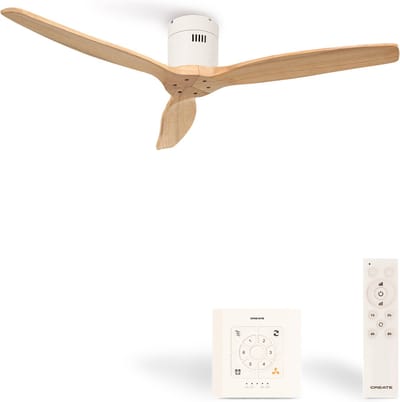 CREATE - Plafondventilator 40W silent Ø132 cm - Met Wandregelaar - Met Afstandsbediening - 6 Snelheden - Timer - Zomer/Winter functie - Naturel Hout - WIND CALM