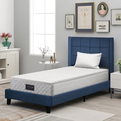 KOMHTOM Eenpersoonsbed 90x200cm Bed voor volwassenen Modern bed met gestoffeerd hoofdeinde Blauw met matras
