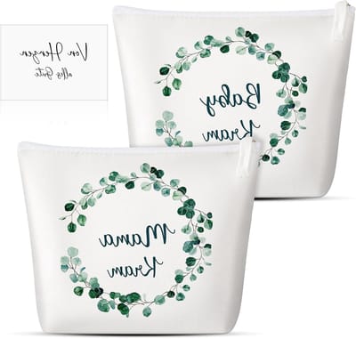 Cadeauset voor aanstaande moeders: Make-up tas met rits, eucalyptus bladeren en wenskaart voor babyshower en zwangerschap