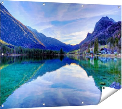 Gards Tuinposter Meer met Weerkaatsing in de Bergen - 120x90 cm - Tuindoek - Tuindecoratie - Wanddecoratie buiten - Tuinschilderij