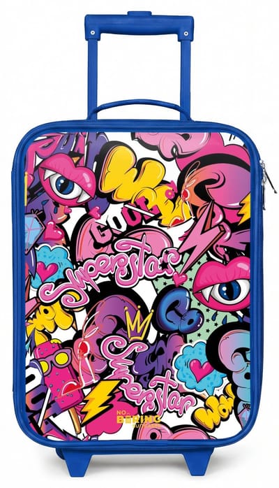NoBoringSuitcases.com® - Kinderkoffer blauw - Kindertrolley jongen - Girly graffiti - Koffer kind lichtgewicht - Reiskoffer trolley voor kinderen - Koffertje met lichtgevende wieltjes - Rolkoffer