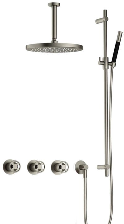 Hotbath Cobber @Work IBSW70 inbouw regendoucheset met staafhanddouche aan glijstang en 30cm ronde hoofddouche aan 15cm plafondarm geborsteld nikkel