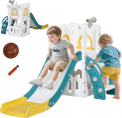 4-in-1 Binnenglijbaan met Basketbalmand voor Peuters 1-3 Jaar | Klimtoestel met Telescoop