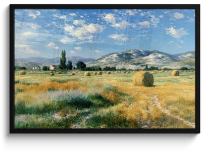 Poster in lijst - Fotolijst 90x60 cm - Posters - Landschap - Strobalen - Bergen - Wolken - Posterlijst zwart - Decoratie - Wanddecoratie woonkamer - Muurdecoratie slaapkamer