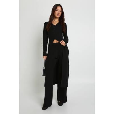 boohoo Dames Hoge longline knoop cardigan en wijde pijp broek co-ord | Black | Maat: Small