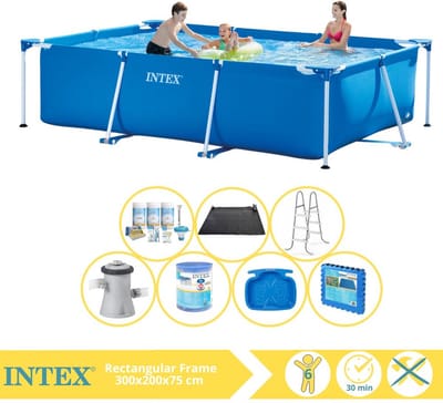 Intex Rechthoekig Frame Zwembad - 300 x 200 x 75 cm - Blauw - Inclusief Onderhoudspakket - Zwembadfilterpomp - Filter - Solar Mat - Ladder - Voetenbad - Vloertegels - 8-delig