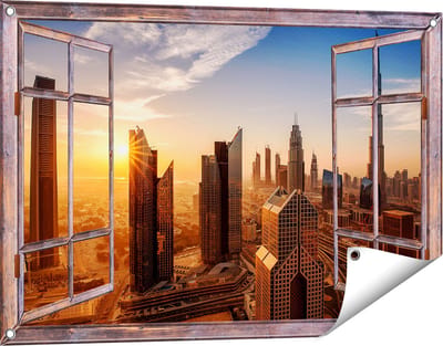 Gards Tuinposter Doorkijk Dubai Stad bij Zonsopgang - 90x60 cm - Tuindoek - Tuindecoratie - Wanddecoratie buiten - Tuinschilderij