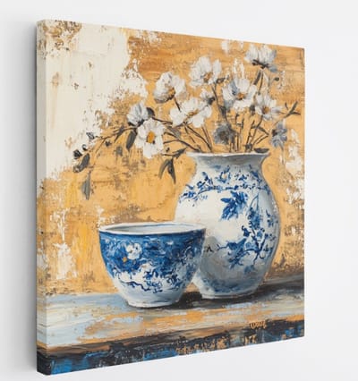Saammp Canvas Schilderij - Chinees Porselein met Bloemen - Natuur - Kunstzinnig - 20x20 - Foto op canvas - Wanddecoratie - Muurdecoratie Woonkamer - Kantoor Decoratie