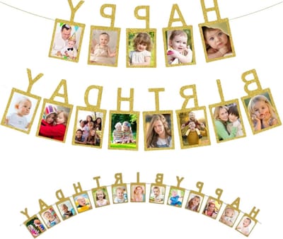 Fotobanner Verjaardag - Fotoslinger Feest - Feestdecoratie Ophangen - Gouden Glitter Karton - 26 x 13 cm - Goud