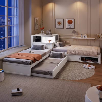 Kinderbed Hoekplatformbed, L-Vormig Platformbed Van 90X200 cm Met Uitschuifbaar Bed En Opbergruimte Met Schuifdeur, Inclusief Nachtlampje.-Wit