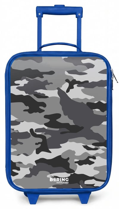 NoBoringSuitcases.com® - Kinderkoffer blauw - Kindertrolley jongen - Camogrijs - Koffer kind lichtgewicht - Reiskoffer trolley voor kinderen - Koffertje met lichtgevende wieltjes - Rolkoffer