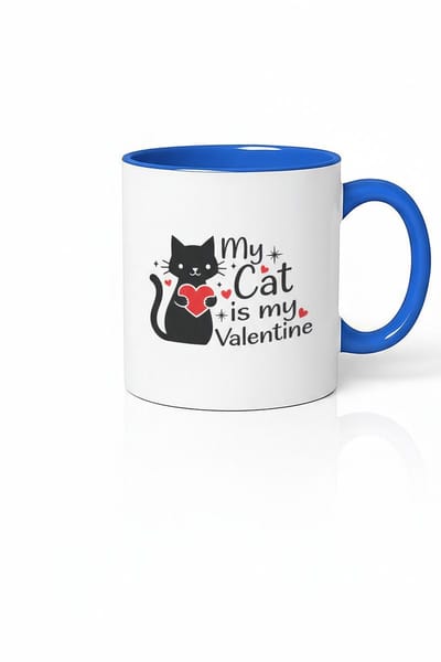 Valentijn Mok 'My Cat is my Valentine' | Koffiemok Kattenliefhebber | Blauw Wit Beker