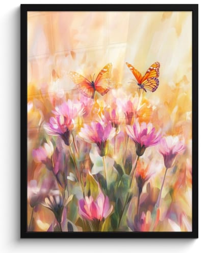 Poster in lijst - Fotolijst 50x70 cm - Posters - Vlinders - Oranje - Bloemen - Posterlijst zwart - Decoratie - Wanddecoratie woonkamer - Muurdecoratie slaapkamer