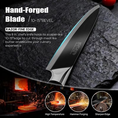 SnelShoppen - Koksmes 20 cm - Handgesmeed Japans Hoogkoolstofstaal Koksmes met Ergonomisch Zwart Houten Handvat - Perfect voor de Keuken, Koken, Cadea