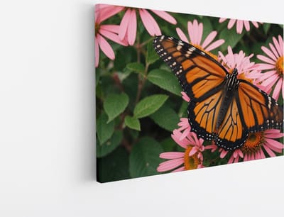 Saammp Canvas Schilderij -Vlinder bij roze bloemen - Dieren - Natuur - 30x20 - Foto op canvas - Wanddecoratie - muurdecoratie Woonkamer - Slaapkamer decoratie - Canvas Print