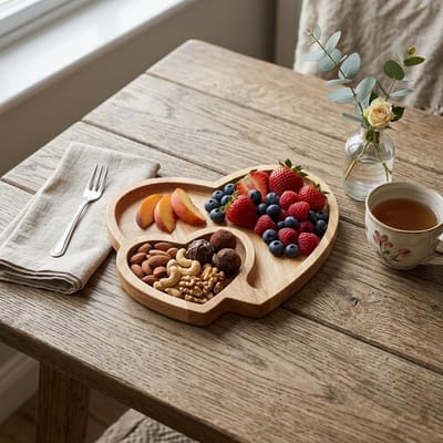Houtkleurig decoratief dienblad hartvormig hout serveerschaal dames en heren met vakken presentatie schaal
