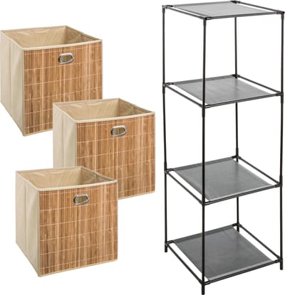 Kastmandjes/opberg manden - lichtbruin - 3x stuks van 29 Liter - In rek van 34 x 98 cm - bamboe/linnen