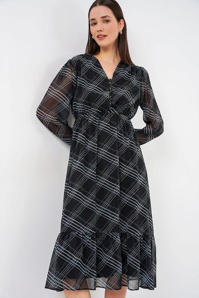 V-hals Midi-jurk met knoopsluiting