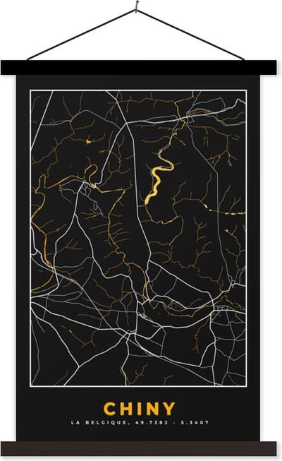 Posterhanger incl. Poster 40x60 cm - Schoolplaat - Chiny - Kaart - Goud - Plattegrond - Stadskaart - Textielposter - Zwarte latten - Stadskaart