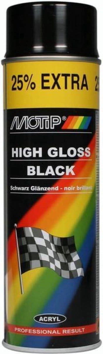 Motip Spuitverf hoogglans zwart sneldrogend 500 mL voor metaal , hout, aluminium en steen - 25 % EXTRA