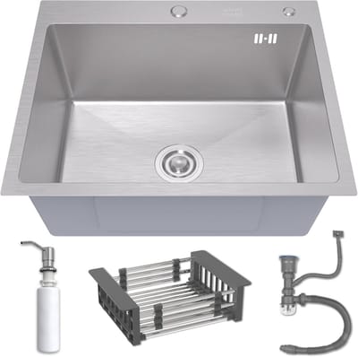 Keukenwasbak 60x50 cm met Sifon, Mandje Afvoer & Zeepdispenser - RVS Topmount Single Bowl Wasbak