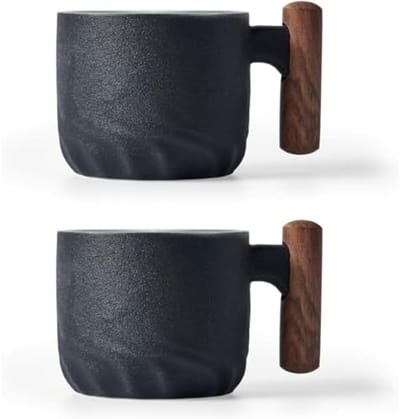 PromoHome Set van 2 Espressokopjes met Houten Handvat - 70ml Keramiek - Zwart