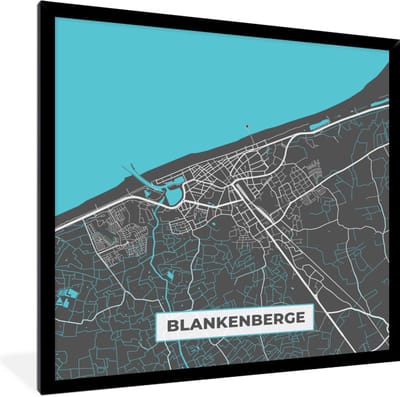 Fotolijst incl. Poster - België – Blankenberge – Stadskaart – Kaart – Blauw – Plattegrond - 40x40 cm - Posterlijst
