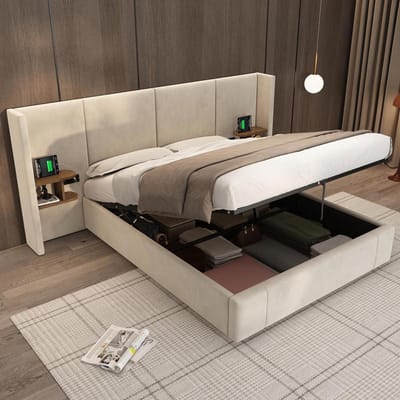 BLACKCOLORS Bed 160x200 cm hydraulisch gestoffeerd met brede hoofdeinden, USB-aansluitingen, stopcontacten en 2 nachtkastjes. Beige fluweel