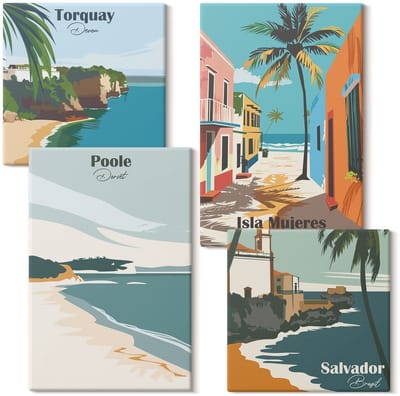 Wallfluent Set van canvas schilderijen - Tropische landschappen met stranden en palmbomen Canvas Schilderijen Set - Set van 4 Canvas Schilderijen - Veelkleurig Set van Canvas Prints - Steden Canvas Kunst Set - Boheemse Canvas Kunst Set